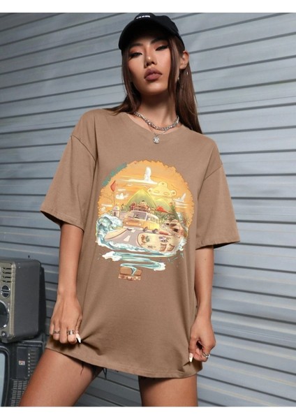 View Baskılı Kadın Oversize Kahverengi T-Shirt