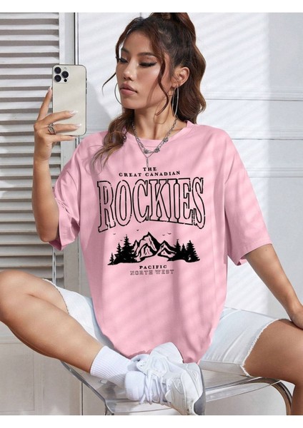 Rockıes Baskılı Siyah Oversize T-Shirt Salaş Boyfirend