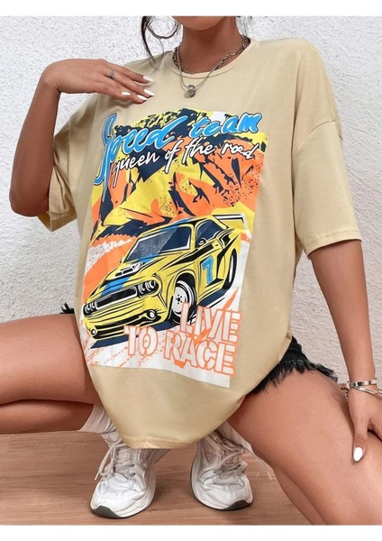 Bej Oversize T-Shirt Speed Team Baskılı fiyatları