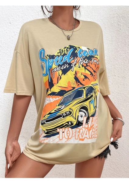 Bej Oversize T-Shirt Speed Team Baskılı modelleri
