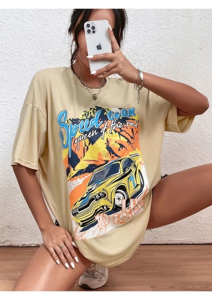 Bej Oversize T-Shirt Speed Team Baskılı indirimleri