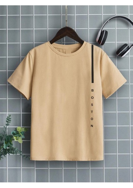 Unisex Bej Oversize T-Shirt Boston Baskılı