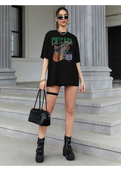 Siyah Oversize T-Shirt Chıcago Baskılı