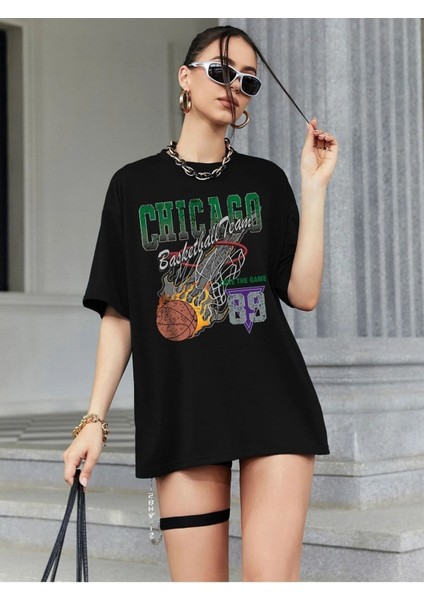 Siyah Oversize T-Shirt Chıcago Baskılı modelleri