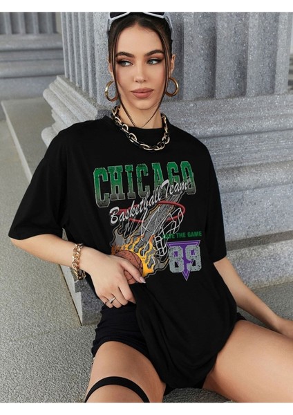 Siyah Oversize T-Shirt Chıcago Baskılı fırsatları