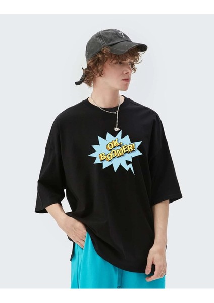 Unisex Mavi Boomer Baskılı Oversize T-Shirt
