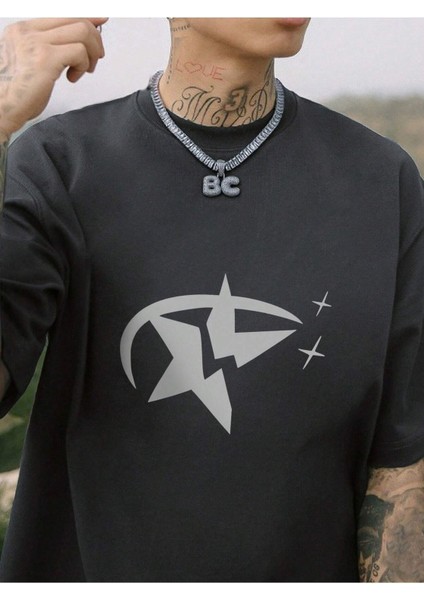 Star Baskılı Oversize Erkek T-Shirt Salaş Boyfirend