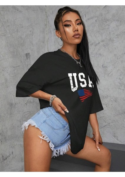 Usa Amerika Baskılı Oversize T-Shirt Salaş Boyfirend fırsatları