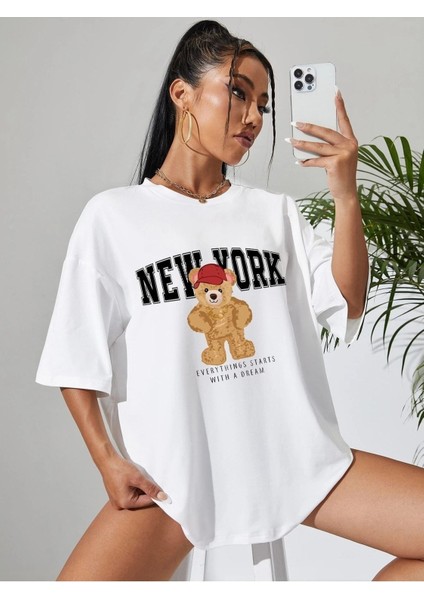 New York Baskılı Kadın Oversize Beyaz Salas T-Shirt Boyfriend modelleri
