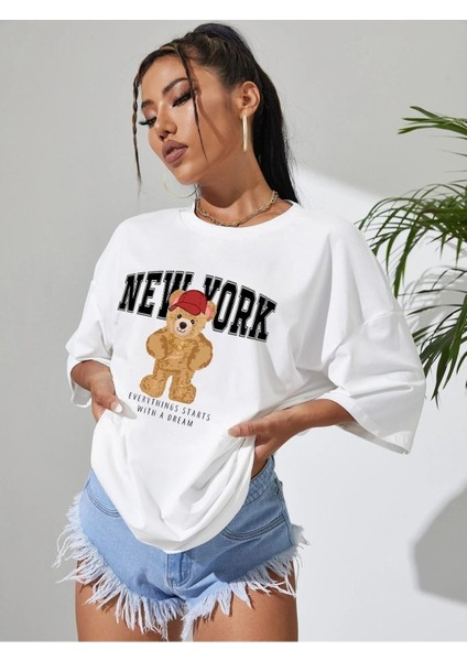 New York Baskılı Kadın Oversize Beyaz Salas T-Shirt Boyfriend fırsatları