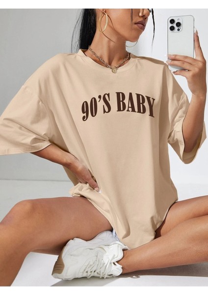 90's Baby Baskılı Kadın Oversize Bej Salas T-Shirt Boyfriend