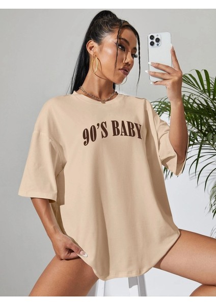 90's Baby Baskılı Kadın Oversize Bej Salas T-Shirt Boyfriend modelleri