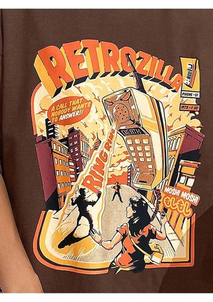 Retro Baskılı Kadın Oversize Kahverengi T-Shirt fiyatları