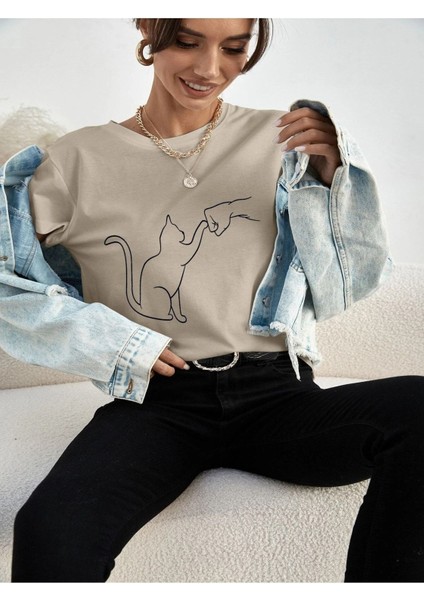 Cat Baskılı Kadın Oversize Salas T-Shirt Boyfriend