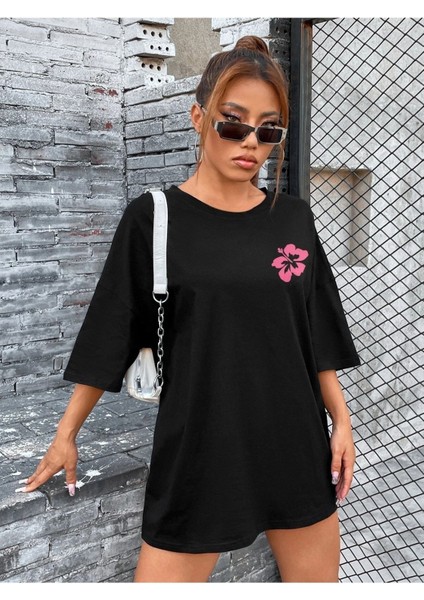 Hibiscus Baskılı Siyah Oversize T-Shirt Salaş Boyfirend fiyatları