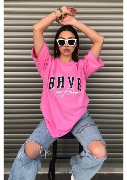 Kadın Bhvr Oversize Baskılı T-Shirt Bluz
