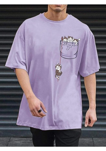 Rakun Cep Baskılı Oversize Erkek T-Shirt Salaş Boyfirend