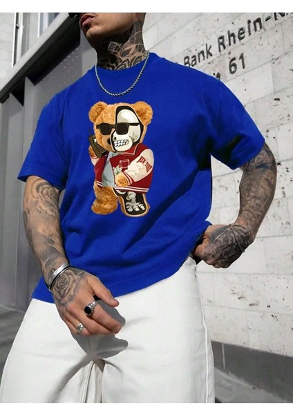 Half Skeleton Bear Baskılı Oversize Erkek T-Shirt Salaş Boyfirend