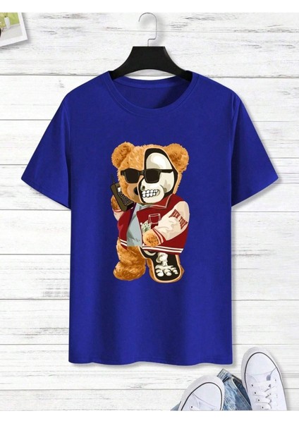 Half Skeleton Bear Baskılı Oversize Erkek T-Shirt Salaş Boyfirend