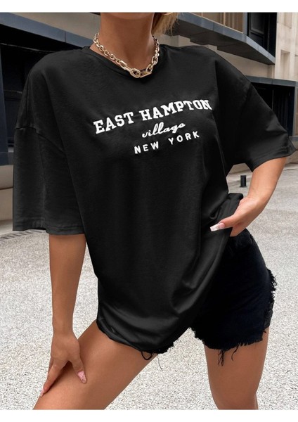 East Hampton Baskılı Oversize T-Shirt Salaş Boyfirend modelleri
