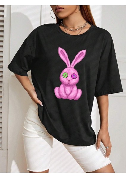 Pembe Tavşan Baskılı Oversize T-Shirt Salaş Boyfirend fiyatları