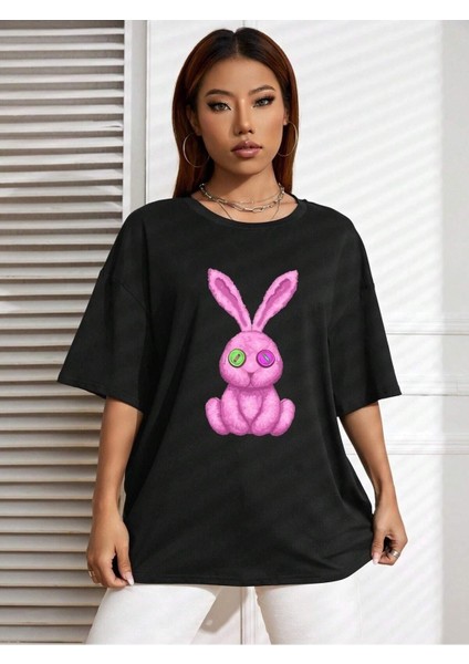 Pembe Tavşan Baskılı Oversize T-Shirt Salaş Boyfirend modelleri