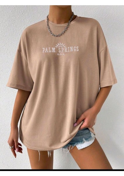 Kadın Palm Sprıngs U.s.a Baskılı Oversize Salaş T-Shirt Boyfriend