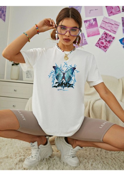 Kadın Sense Kelebek Baskılı Oversize T-Shirt