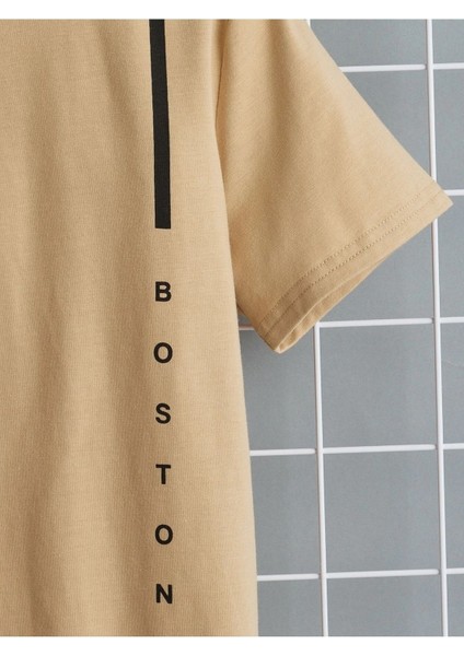 Unisex Bej Oversize T-Shirt Boston Baskılı modelleri