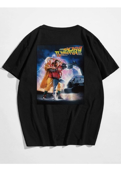Unisex Back To Future Ön ve Arka Baskılı Oversize T-Shirt