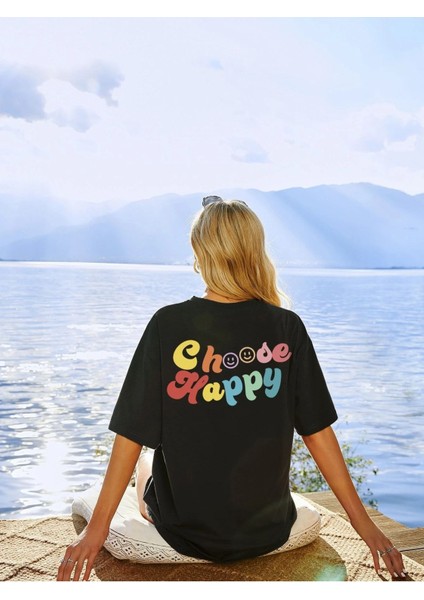 Kadın Siyah Choose Happy Baskılı Oversize T-Shirt modelleri