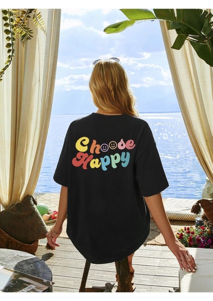 Kadın Siyah Choose Happy Baskılı Oversize T-Shirt fırsatları
