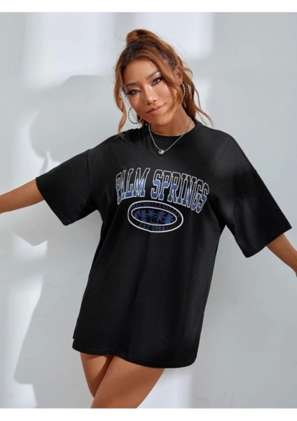 Kadın Siyah Oversize Palm Springs Baskılı T-Shirt