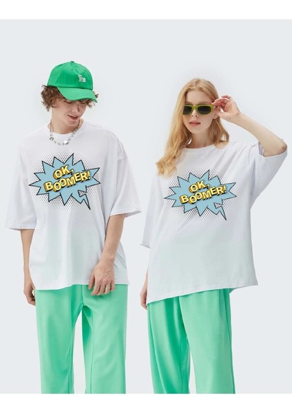 Unisex Mavi Boomer Baskılı Oversize T-Shirt