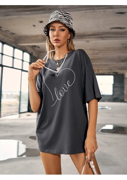 Love Kalp Baskılı Füme Oversize T-Shirt Salaş Boyfirend fiyatları