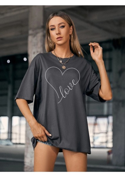 Love Kalp Baskılı Füme Oversize T-Shirt Salaş Boyfirend fırsatları