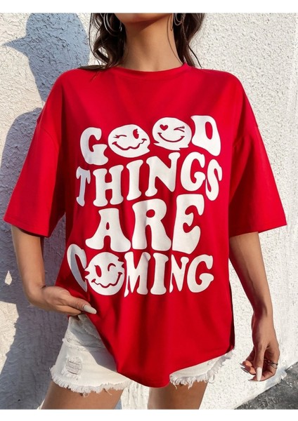 Coming Baskılı Kadın Oversize/ Boyfirend Kırmızı T-Shirt modelleri