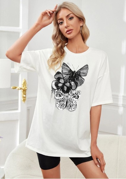 Kadın Beyaz Becky Baskılı Oversize T-Shirt