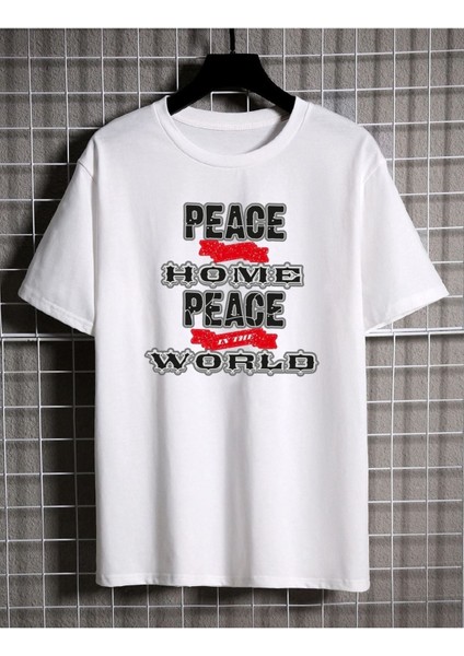 Unisex Beyaz Home World Yazılı Oversize T-Shirt