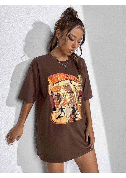 Retro Baskılı Kadın Oversize Kahverengi T-Shirt modelleri