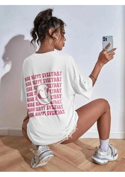 Kadın Smile Oversize Salas Boyfriend Baskılı T-Shirt Top Bluz