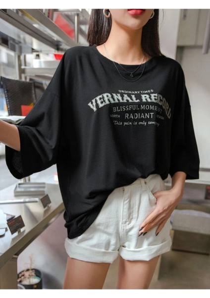 Siyah Vernal Record Baskılı Oversize T-Shirt fiyatları