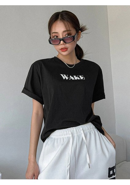 Siyah Wake Baskılı Oversize T-Shirt