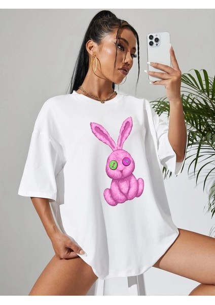 Beyaz Oversize T-Shirt Pembe Tavşan Baskılı fiyatları