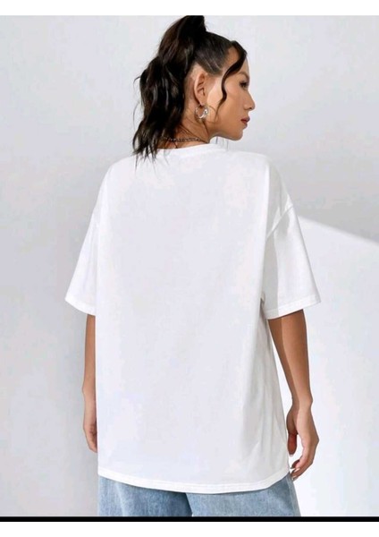Kadın Sevimli Ayı Baskılı Oversize Salaş Beyaz T-Shirt Ünisex Boyfirend fiyatları