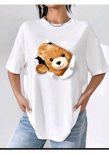 Kadın Sevimli Ayı Baskılı Oversize Salaş Beyaz T-Shirt Ünisex Boyfirend modelleri