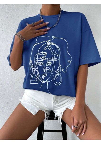 Çizgi Yüz Baskılı Kadın Oversize T-Shirt Salaş Boyfirend