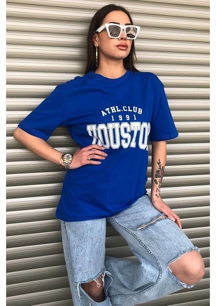 Houston Baskılı Kadın Oversize Saks Mavi Salas T-Shirt Boyfriend