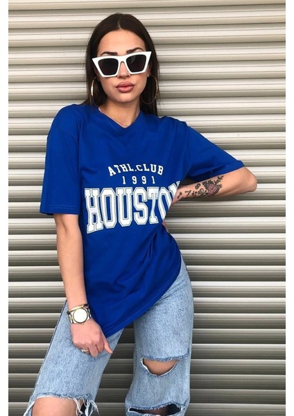 Houston Baskılı Kadın Oversize Saks Mavi Salas T-Shirt Boyfriend fiyatları