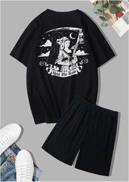 Unisex Hold Me Baskılı Oversize T-Shirt ve Şort Kombin